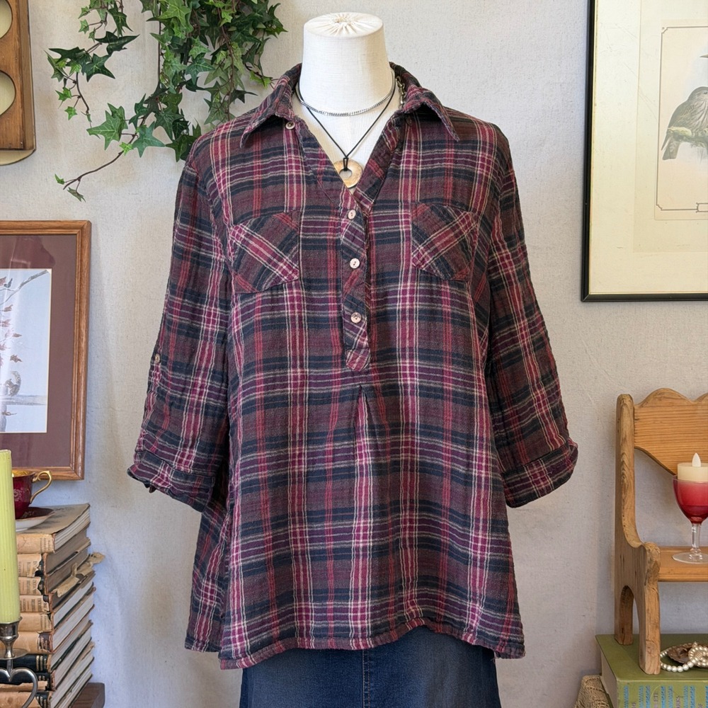 Burgundy Plaid Cotton Top Henley L/XL Dark Cottagecore Emo Grunge Distressed